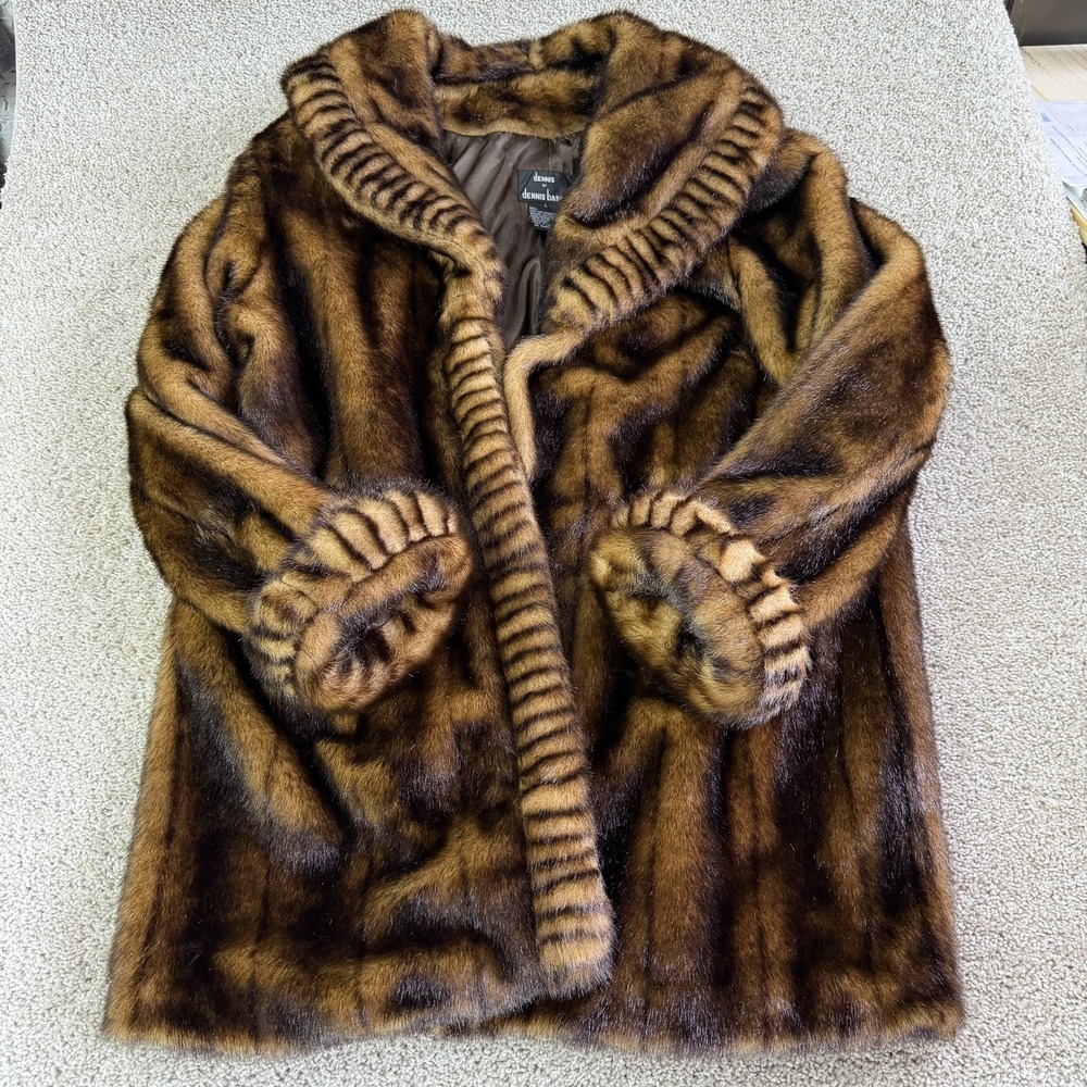Dennis Basso Coat Womens L Brown Faux Fur Modacrylic Open Front Lined Striped